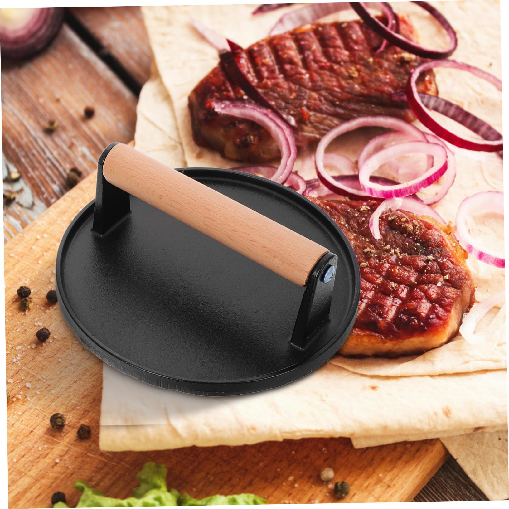 2 Prensas de Hamburguesas Rectangular y Redonda de Hierro Fundido con Mango de Madera Resistentes para Carne y Salchichas en Cocina