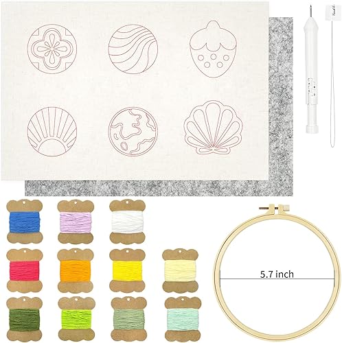 Miniatura 2 de HAND U JOURNEY Kit de posavasos de aguja perforadora para manualidades, 6 patrones con fieltro adhesivo, hilos, aro de bordado, perfecto para