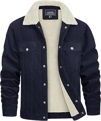 CRYSULLY Mens Corduroy Fleece Cargo Jacket Cotton Sherpa Lined Trucker Coats Turn-Down Collar Jackets with 5 Pockets