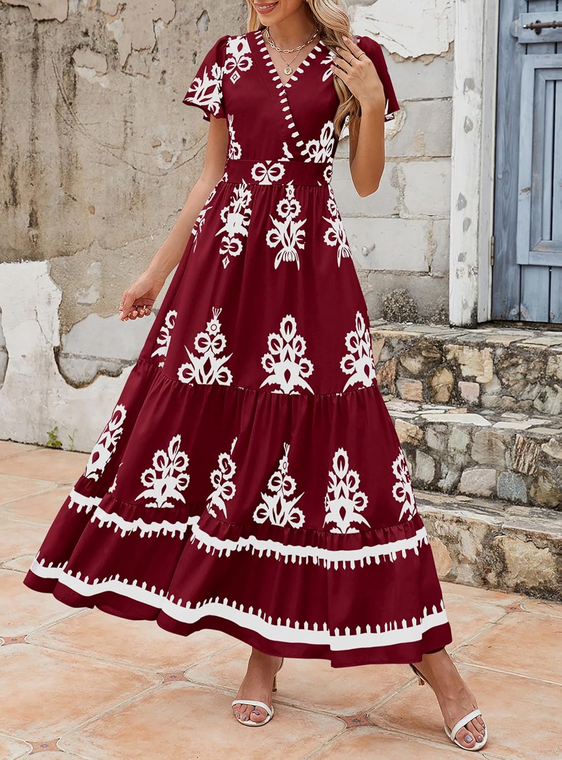 PRETTYGARDEN Womens 2026 Summer Casual V Neck Boho Maxi Dress Flowy Aline Bell Sleeve Tiered Floral Dresses with Pocket