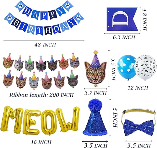 Vista 18 de STMK Decoraciones de cumpleaños de gato, sombrero de cumpleaños de gato con número, bandana, cuello de lazo para gatos, ropa de gatitos, trajes