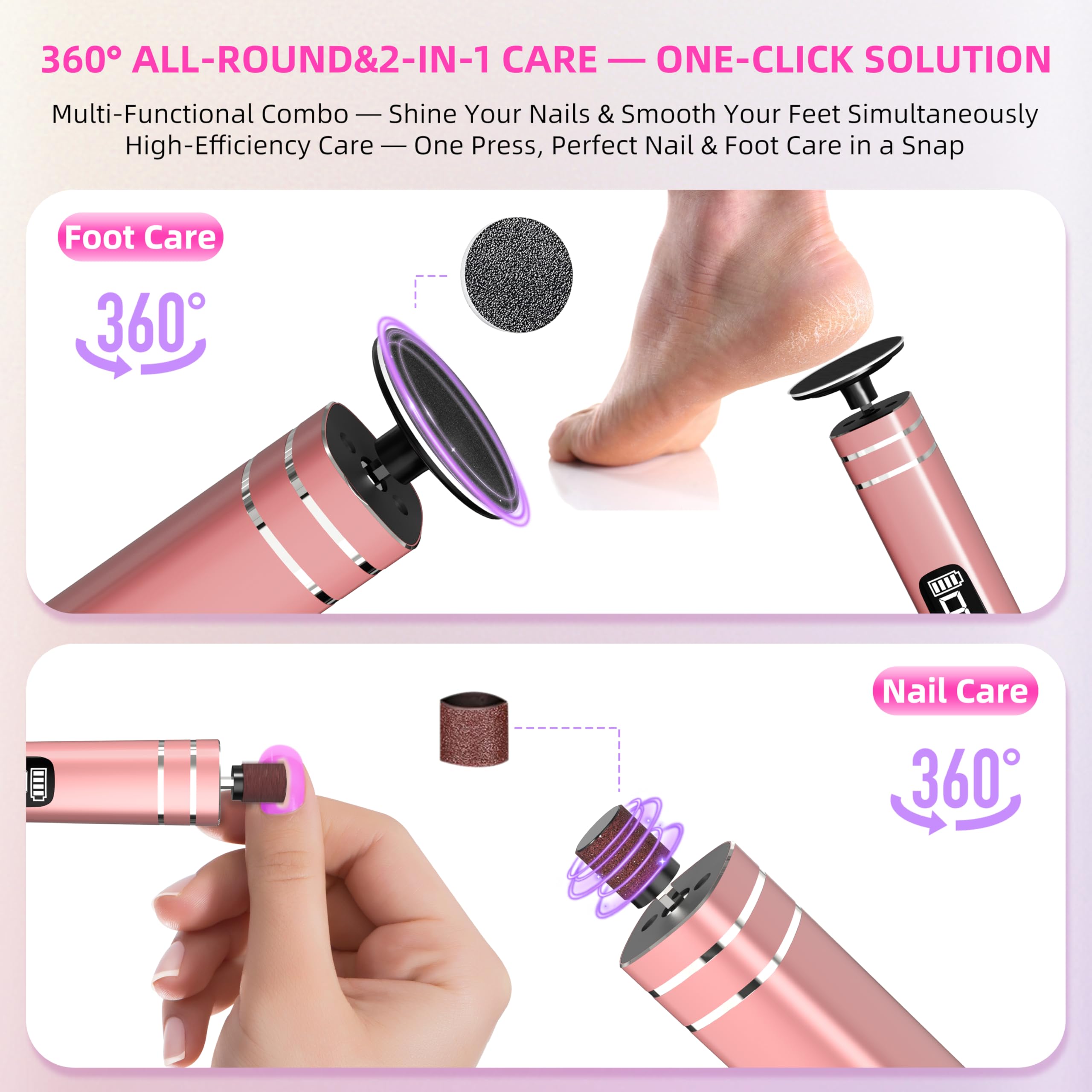 Pedicure Elettrico Professionale Piedi, 2 in 1 Ricaricabile Pedicure Elettrico 9 Velocità Limapiedi per Calli Rimuove Calli e Pelle Dura da Talloni e Piante per Cura dei Piedi e Delle Unghie- Oro Rosa