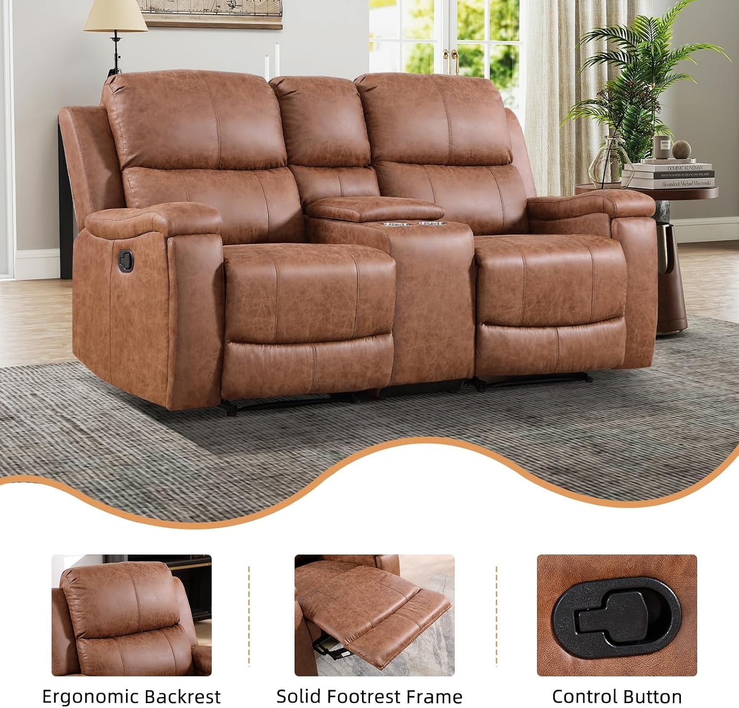 EBELLO Faux Leather Manual Recliner Loveseat Sofa, Modern 2-Seater Chair with Handy Cup Holders and Storage Space, for Living Room, Meeting Room, Brown