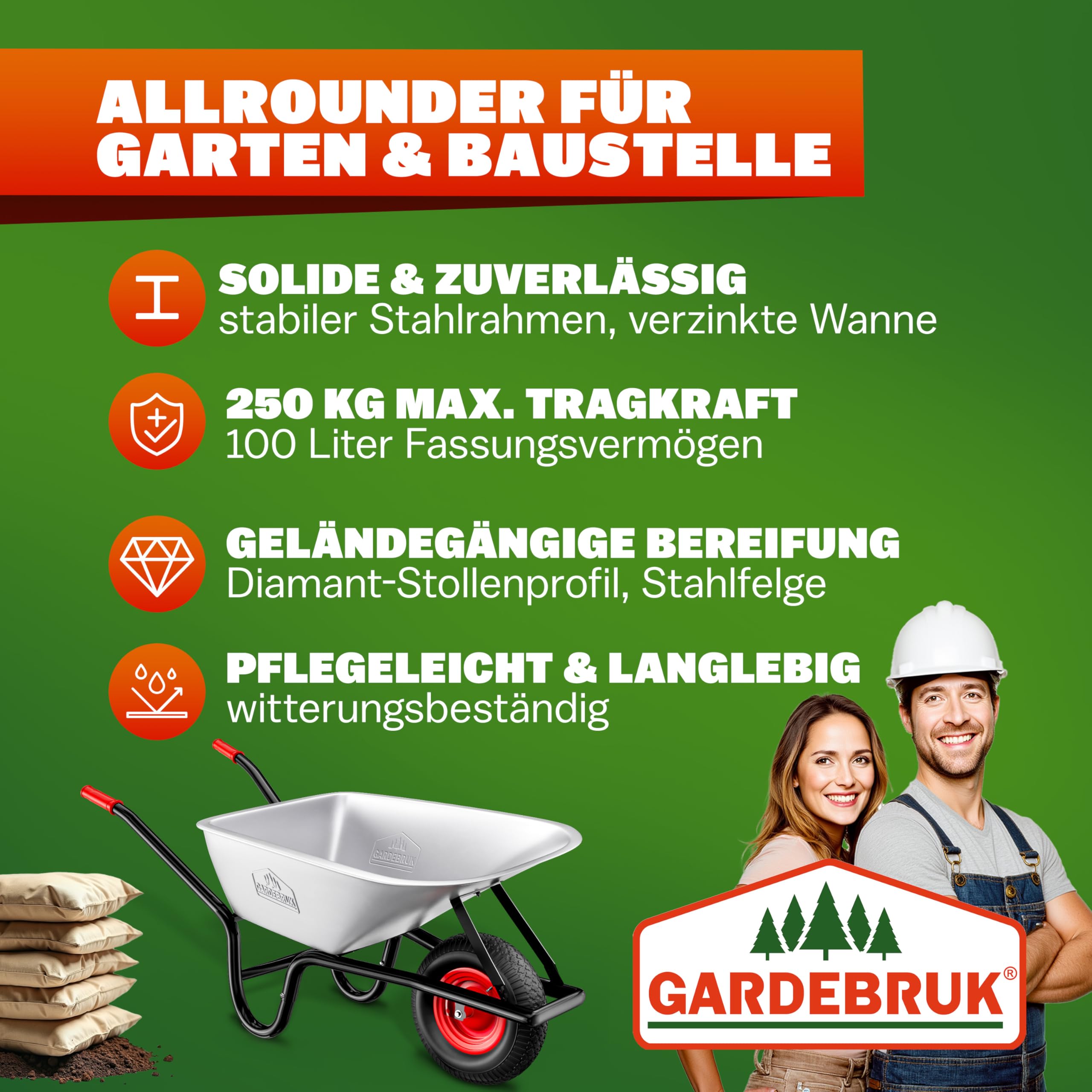 GARDEBRUK® Schubkarre 100 Liter bis 250kg Luftreifen mit Stahlfelge verzinkt Garten Bauschubkarre Gartenschubkarre