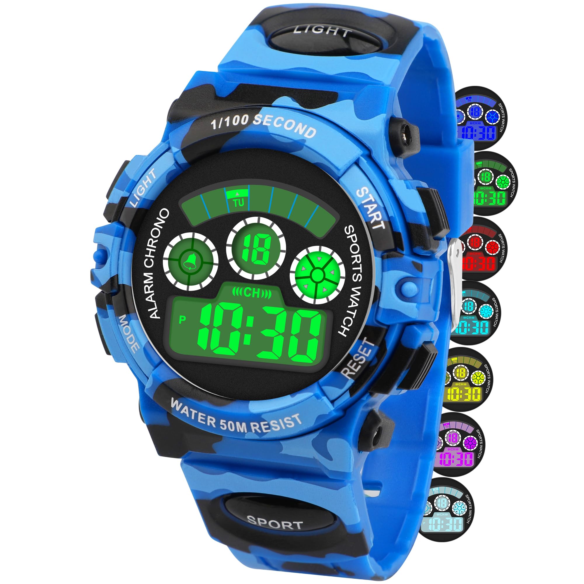 DTKID Reloj Digital Niño LED Multicolor, Reloj Niño con Alarma, Cronómetro, Fecha, Resistente al Agua para Deportes Actividades al Aire Libre para Niños Niñas y Adolescentes