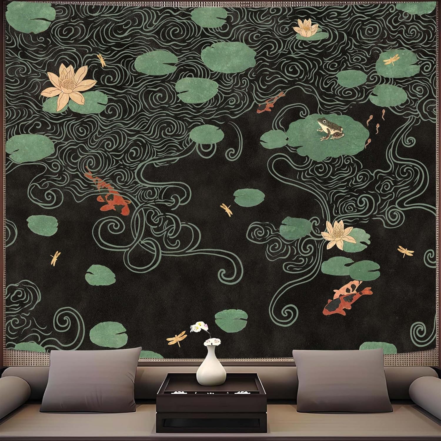 Lifeella Japanese Tapestry, Koi Pond Tapestry, Abstract Lotus Lily Wall Hanging, Zen Nature Aesthetic Art Wall Decor for Bedroom Living Room Dorm, Black 60x80 inches