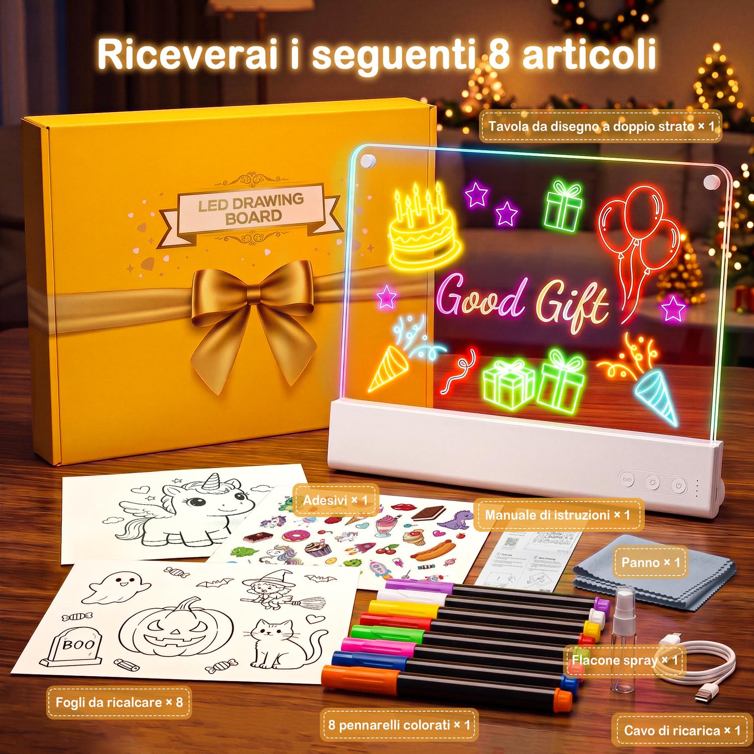 CIMELR Lavagna LED Doppio Strato Ricaricabile, Regalo per Bambini 5-10 Anni | Acrilico 16" ultraresistente, rimovibile e lavabile, 15 modalità luce, 8 pennarelli – perfetto per viaggi e famiglia
