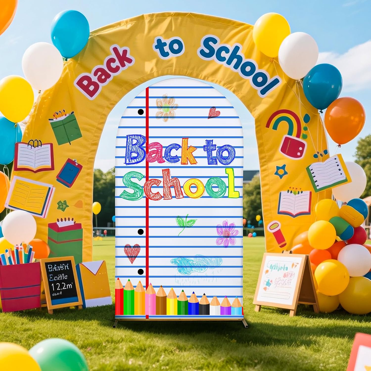 VitalCozy 7.2ft Preschool Graduation Arch Backdrop Notebook Cover Spandex Fitted Arch Stand Covers Kindergarten Backdrop Cover for Back to School Classroom Birthday Party Decoration Student Photoshoot