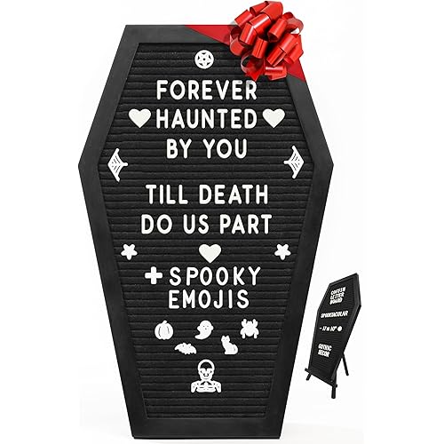 Coffin Letter Board Black +3D Bat Stickers +650 Characters, Spooky & Seasonal Emojis, Wooden Stand - 17x10.5 Inches - Coffin Shaped Goth Decor Sign Witchy Halloween Decorations Gothic Decor Birthday Wedding Home Spooky Gifts