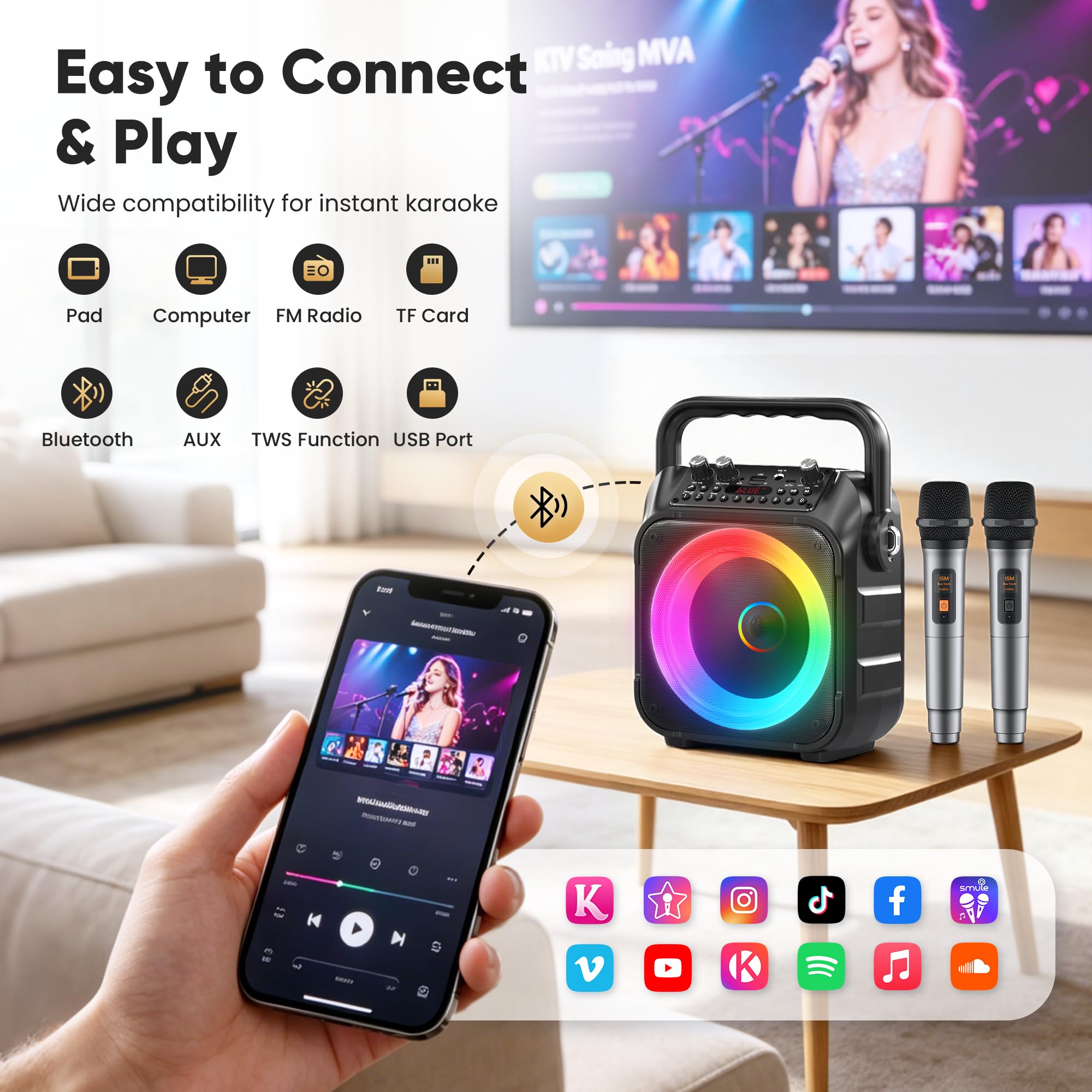 Wowstar - Altoparlante per karaoke con 2 microfoni per adulti: altoparlante per karaoke con microfoni wireless, mini set di macchine per karaoke, altoparlante Bluetooth portatile per TV, telefono,