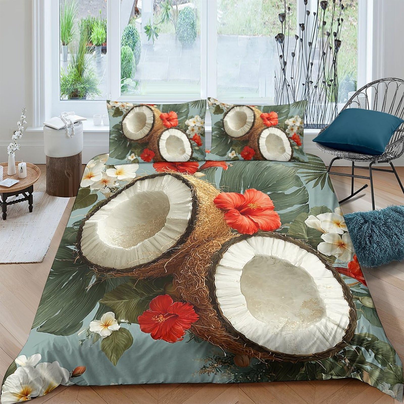GPLZQXKJNH 3D Printed Coconut Floral Duvet Cover Microfiber Soft Breathable Tropical Fruit Bedding Set with 2 Pillowcases for Bedroom Single（135x200cm）