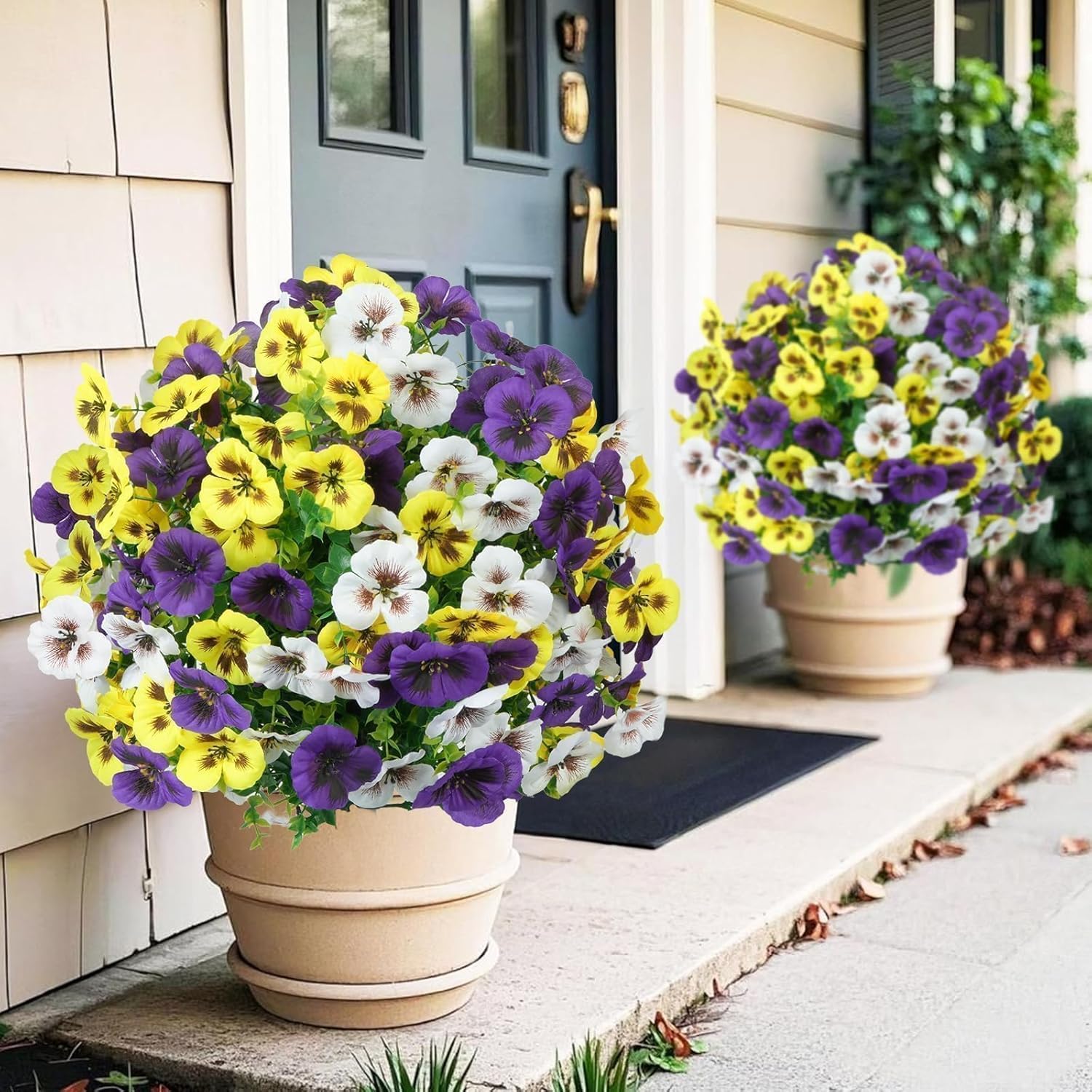 2er Set Künstliche Blumen Outdoor 60 cm Künstliche Buchsbaum mit Erdspieß Stiefmütterchen Buchsbaumkugel Wetterfest Kunstblumen Frühling Deko Künstliche Pflanzen für Draußen Balkon Garten