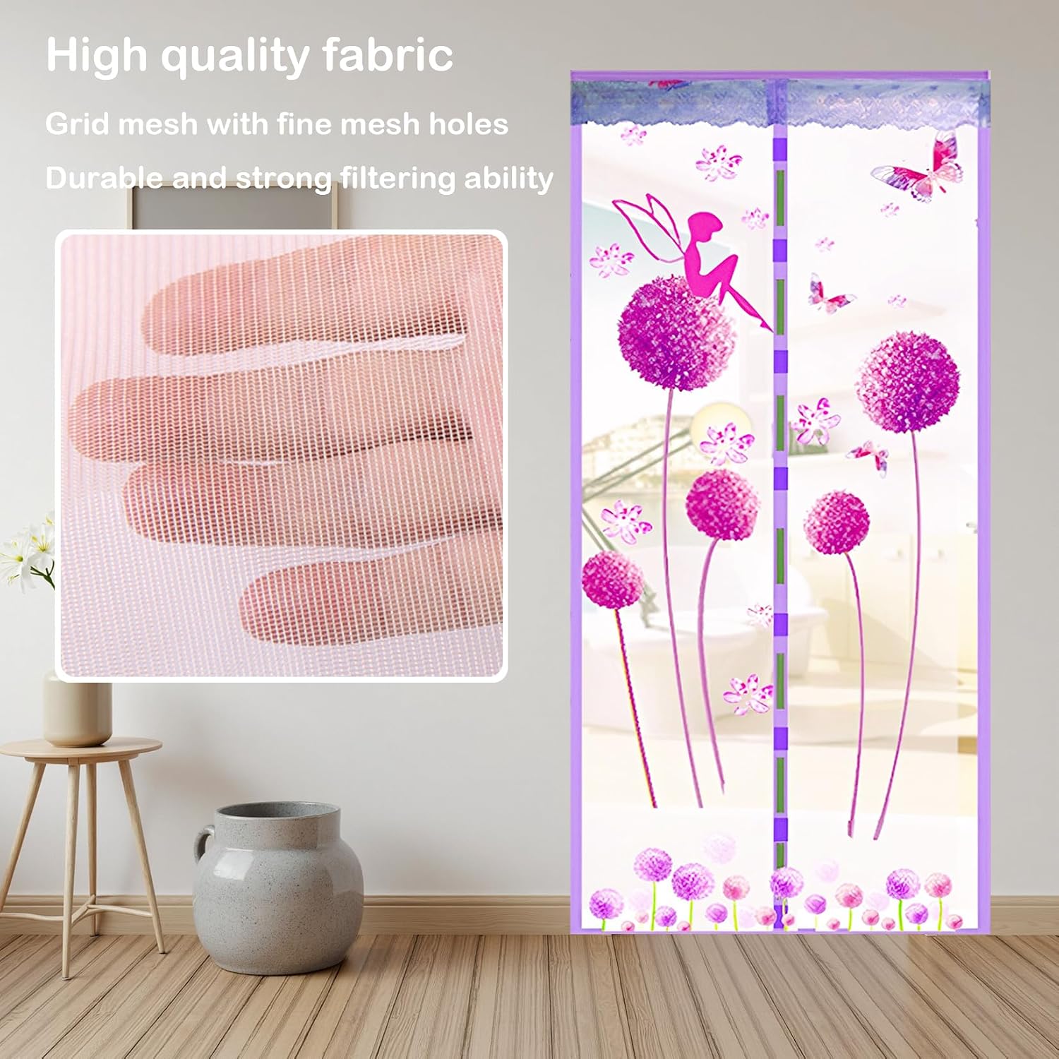 Magnetic Screen Door Mesh 35"x83" - Keeps Fly Bugs Out for Front Back Door & Doorway, Strong Magnet Closure, Heavy Duty Net, Hands Free Entry, Self-Closing, Pet and Kid Friendly Purple