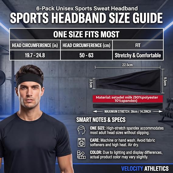 Headbands For Men,Sweat Bands Head- 6 Pack（Black + White + Grey + Green + Red + Blue）