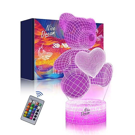 Nice Dream Bär Nachtlicht für Kinder, 3D Illusion Lampe Kinderzimmer LED Licht, Fernbedienung 16 Farbwechsel Dimmbar, Weihnachtsgeschenke für Mädchen Junge Wohnzimmer Schlafzimmer Dekor