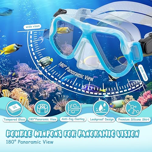 Miniatura 2 de Juego de esnórquel para niños de 6 a 14 años, equipo de esnórquel para niños con parte superior seca, antifugas, antivaho, vista panorámica, máscara