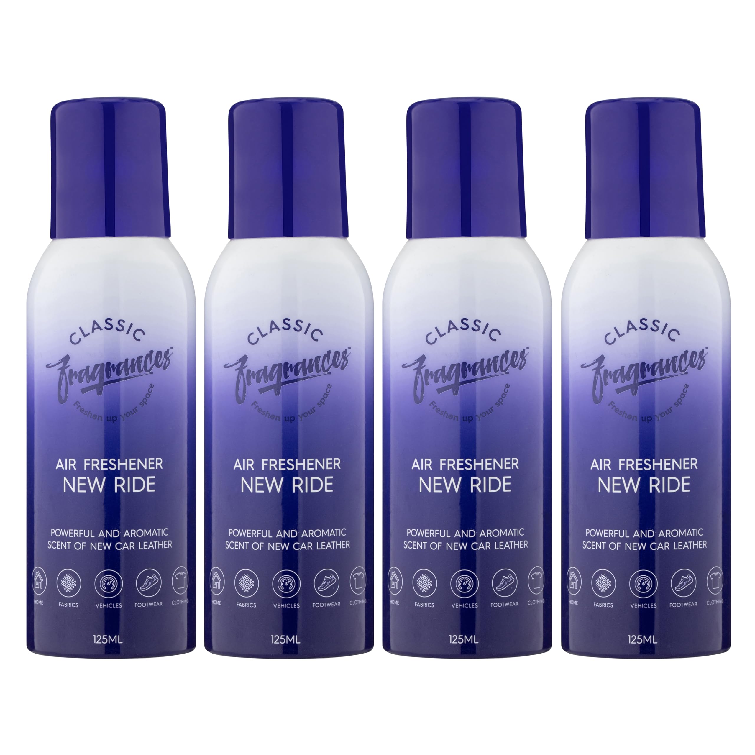 Classic Fragrances 4 Pack New Ride - Powerful & Aromatic Car Aroma Air Freshener Spray - For Home & Vehicles – Long Lasting Smell, Portable Spray Can – Deodorise & Neutralise Odours – 125ml