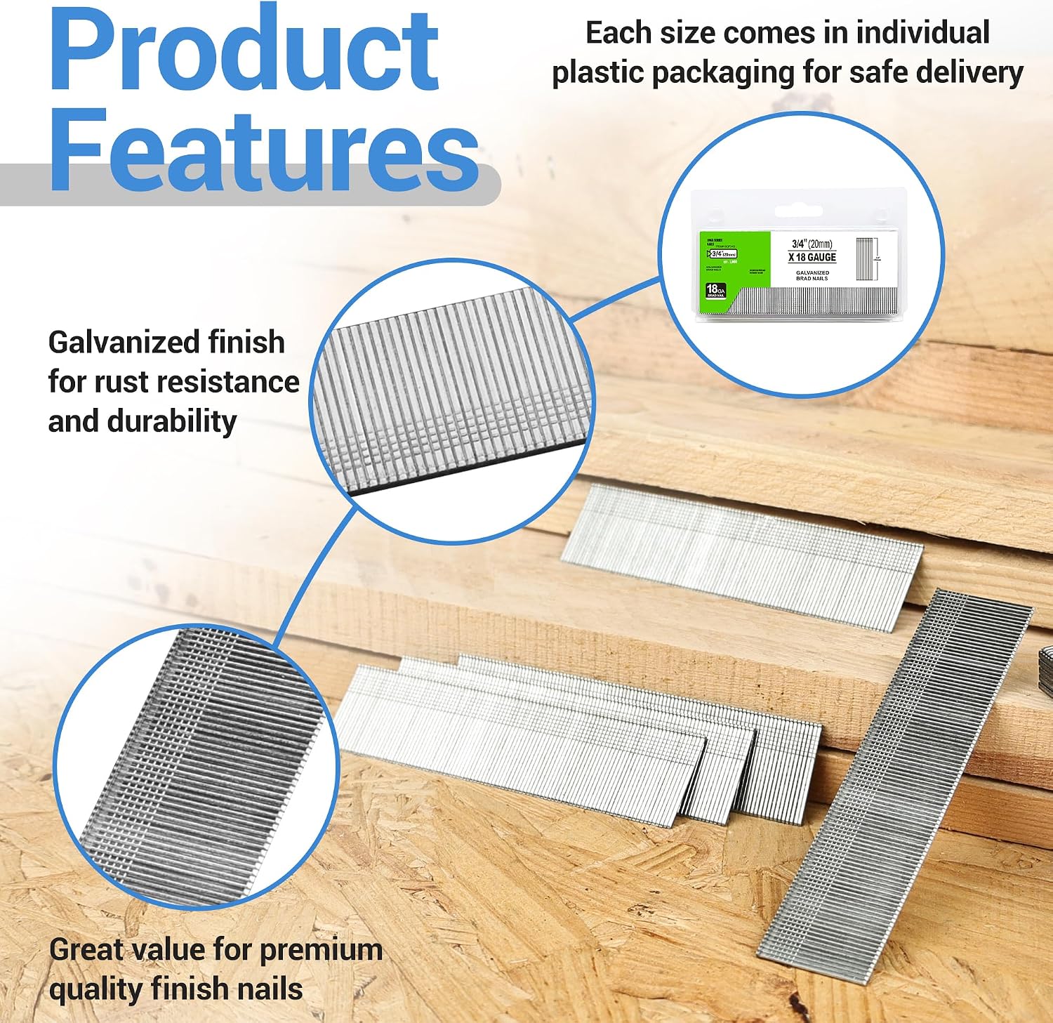 meite 18 Gauge Brad Nails 3/4 Inch, Galvanized Finishing Nails for Pneumatic & Electric Brad Nailer, 1000 PCS x 60 Boxes