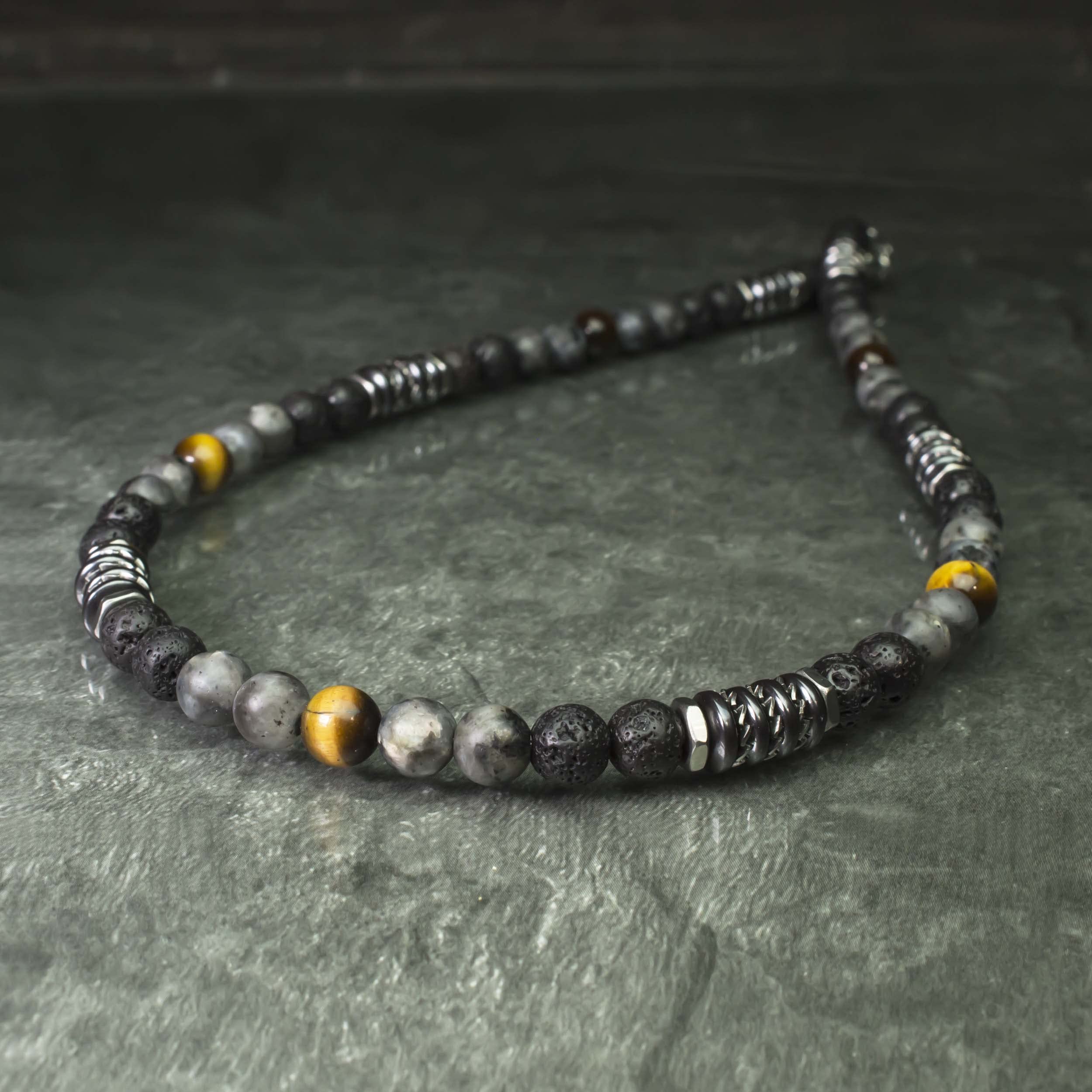 Collier perles 8mm pierre naturelle Œil Tigre Larvikite Labradorite gris mat Lave Volcanique noir rondelles Hématite métal INOX fabriqué en France COLLITEF15