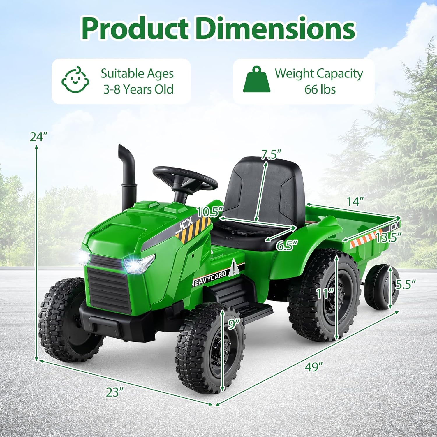 HONEY JOY Upgrade Kids Ride On Tractor with EVA Treaded Tires, 12V 7AH Battery Powered Electric Car w/Trailer, Music, 25W Dual Motors, Ground Loader, Toddler Ride On Car w/Remote Control(Green)