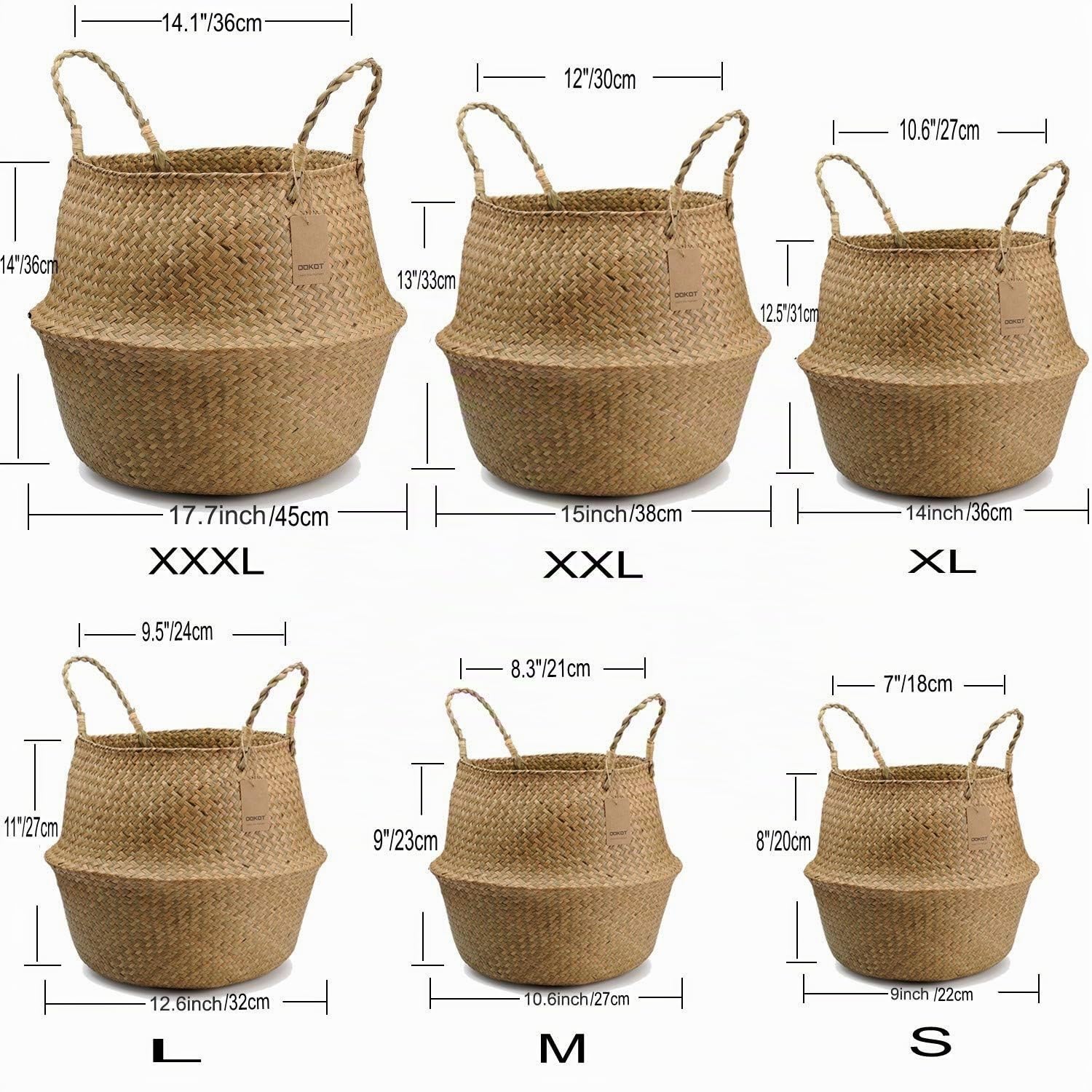 DOKOT Natural Seagrass Mimbre Cesta de Cesteria , Cestos para la Colada con Asa , Cesta Plegable para el Vientre Maceta , Decoracion para el Hogar Almacenar Juguetes, Ropa, Fruta o Plantas