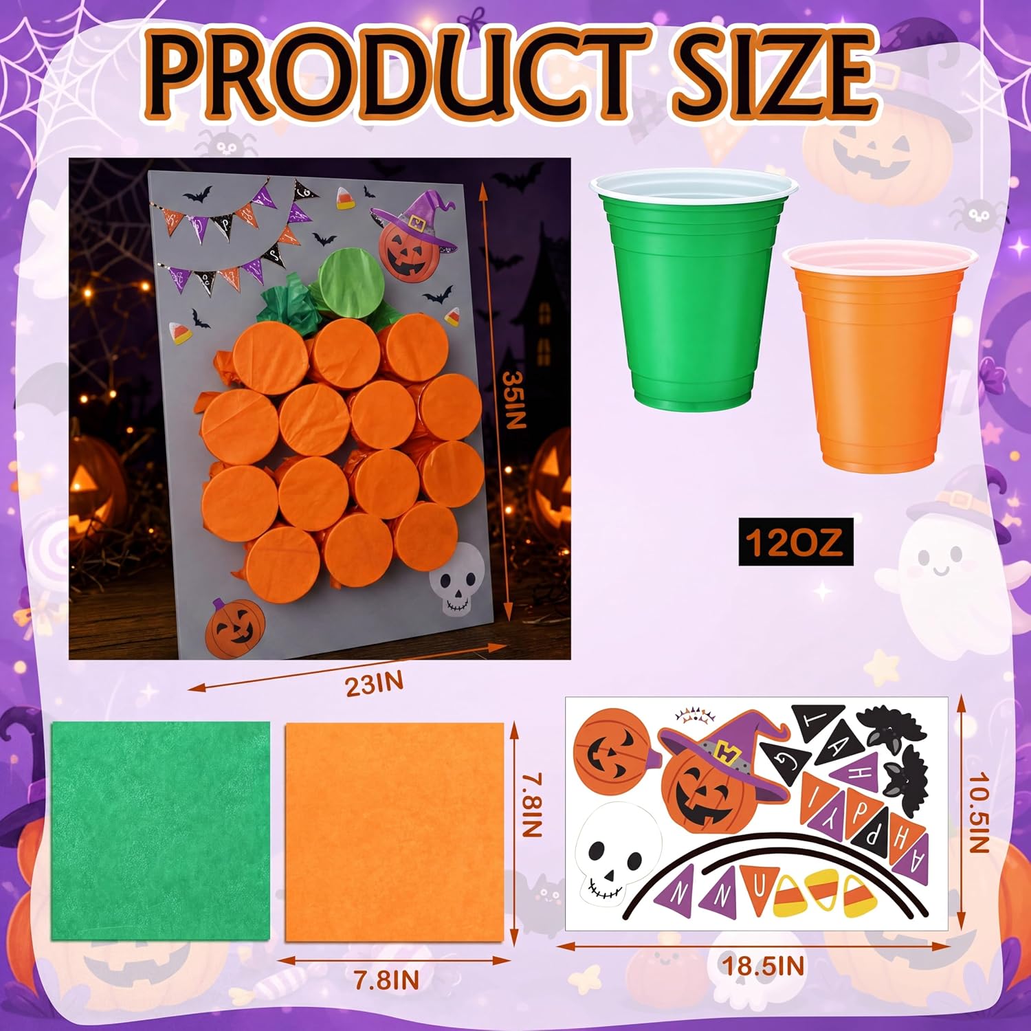 Blueweenly 52 Pcs Halloween Punch Game Set, 12oz Orange Green Party Cups image 2