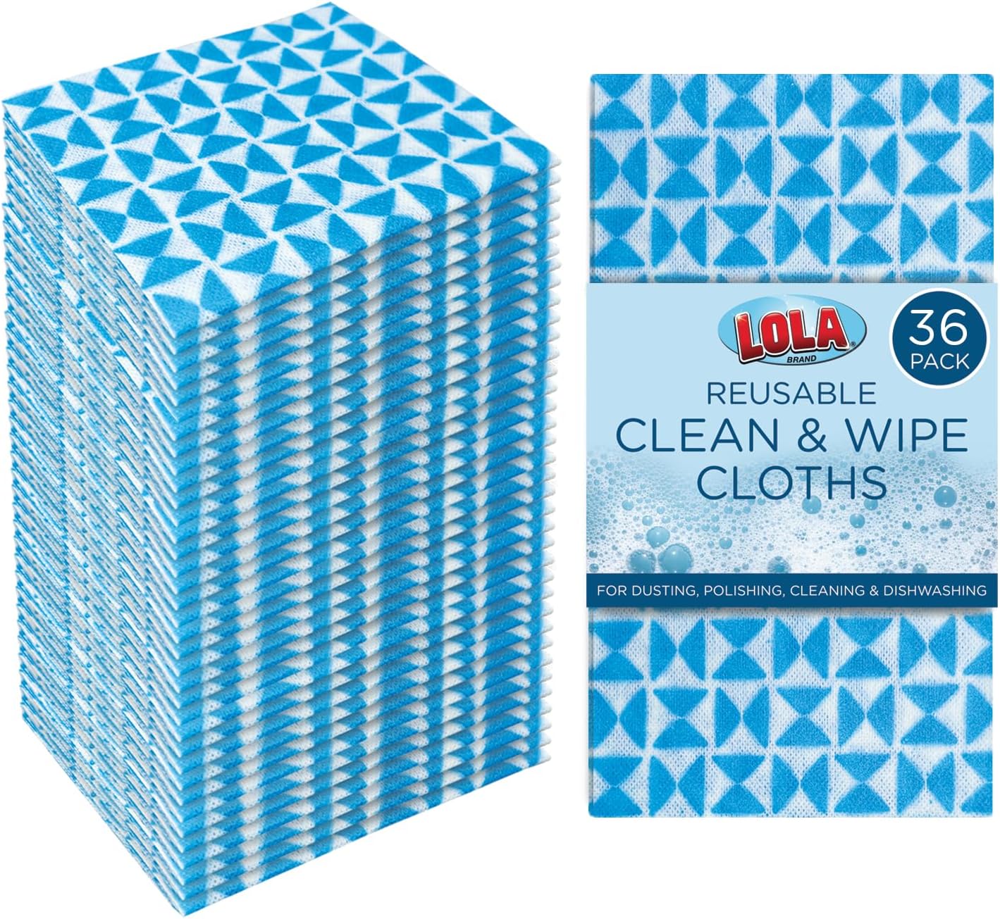LOLA Clean & Wipe Cloths, 36 Pack, Handy Wipes Comparable, Extra Large Cloth is 22" x 12", Reusable & Washable, Unscented, Super Absorbent