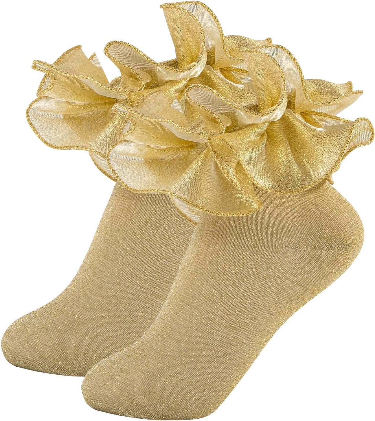 White Girls Ruffle Socks Gold Shimmering Big Double Layer Lace Sock Ruffles Frilly Dress Socks for Baby Toddler Girl