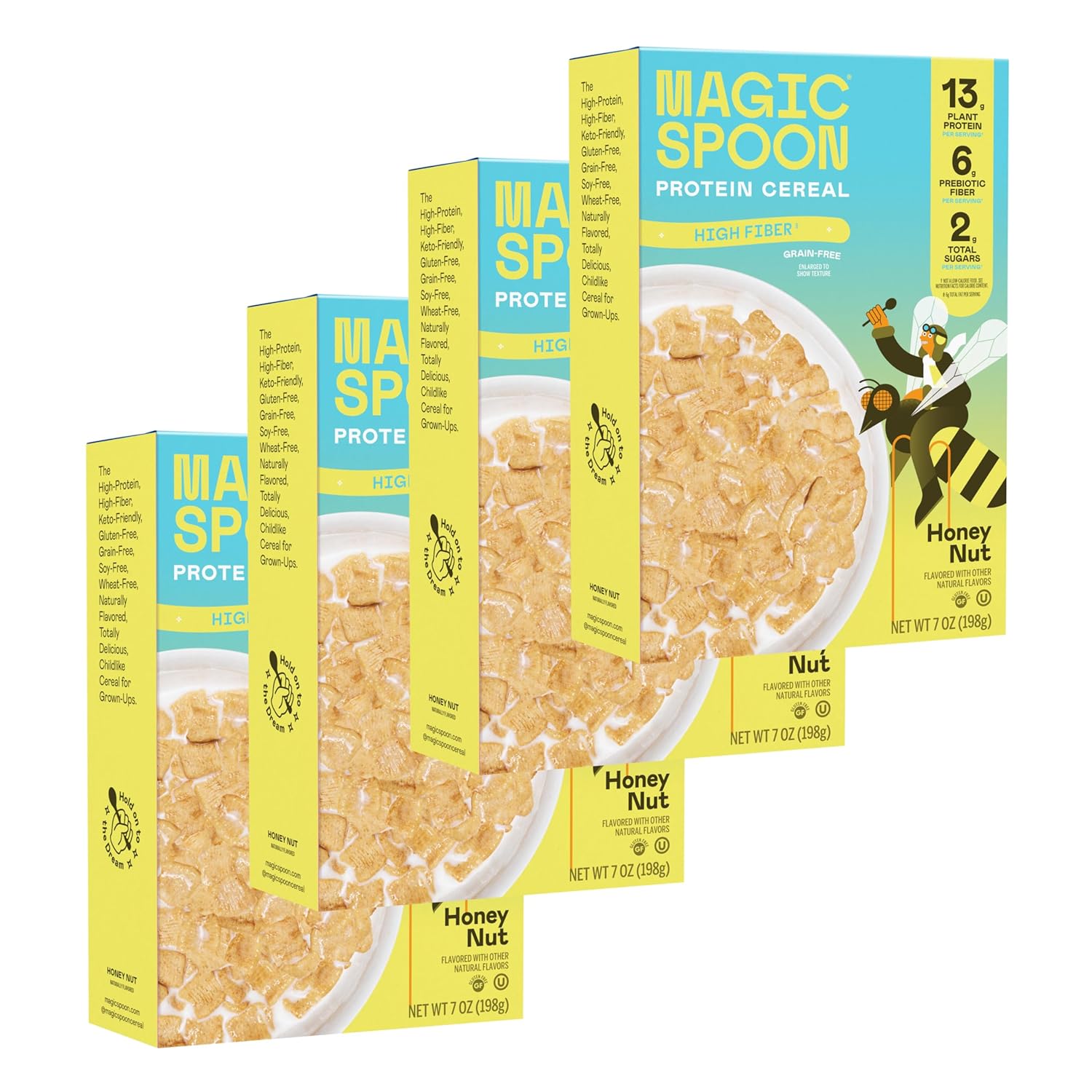 Magic Spoon High Fiber Cereal - Plant-Based High Protein Cereals - Low Sugar Snacks & Breakfast - Grain & Gluten Free Low Carb & Keto Friendly - Healthy Snacks for Kids & Adults - 4 Pack, Honey Nut