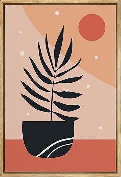 bestdeal depot Framed Canvas Print Wall Art Potted Fern Silhouette on Red & Orange Background Floral Plants Illustrations Modern Art Rustic Warm for Living Room, Bedroom, Office - 16"x24" Natural