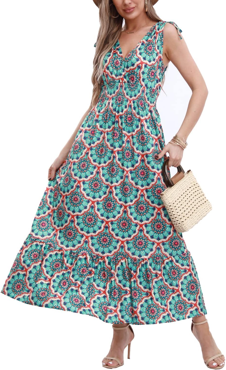 OSTOOWomen's Floral Print Maxi Dresses Sleeveless Sleeves Boho Empire Waist Dress