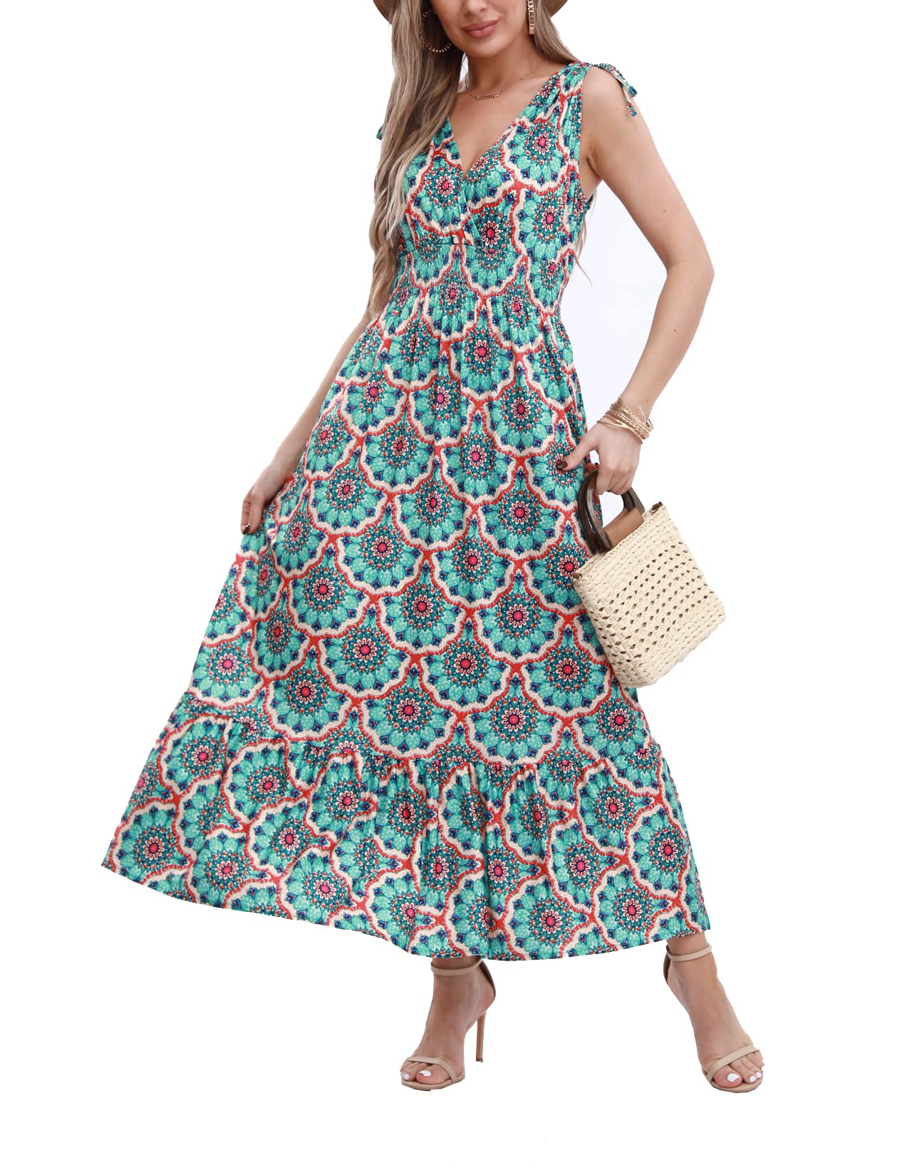 OSTOOWomen's Floral Print Maxi Dresses Sleeveless Sleeves Boho Empire Waist Dress