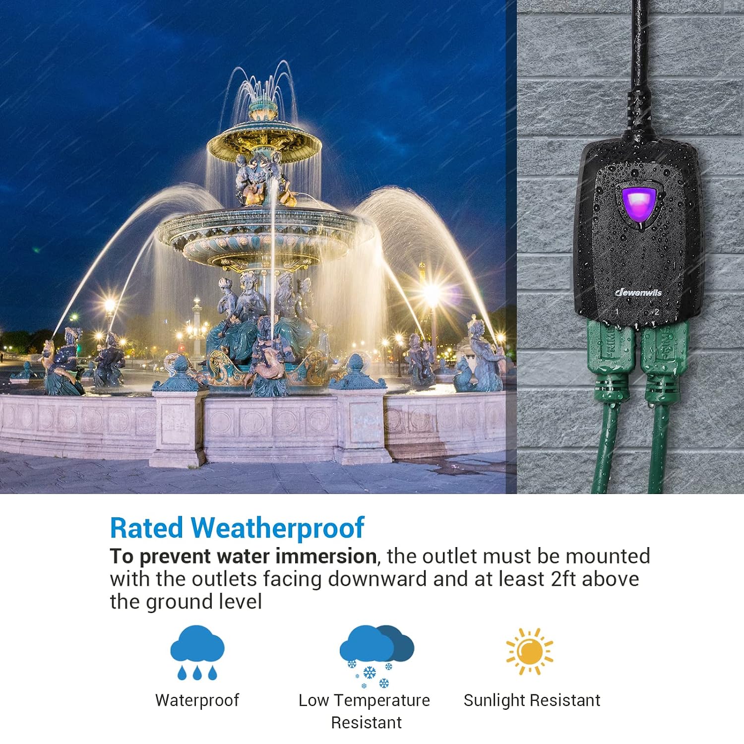 DEWENWILS Outdoor Wireless Remote Control Outlet, 2 Independent Control Sockets Weatherproof Electrical Remote Control Switch, 15A Heavy Duty with 2 Remote, 7 Inch Cord, FCC Listed