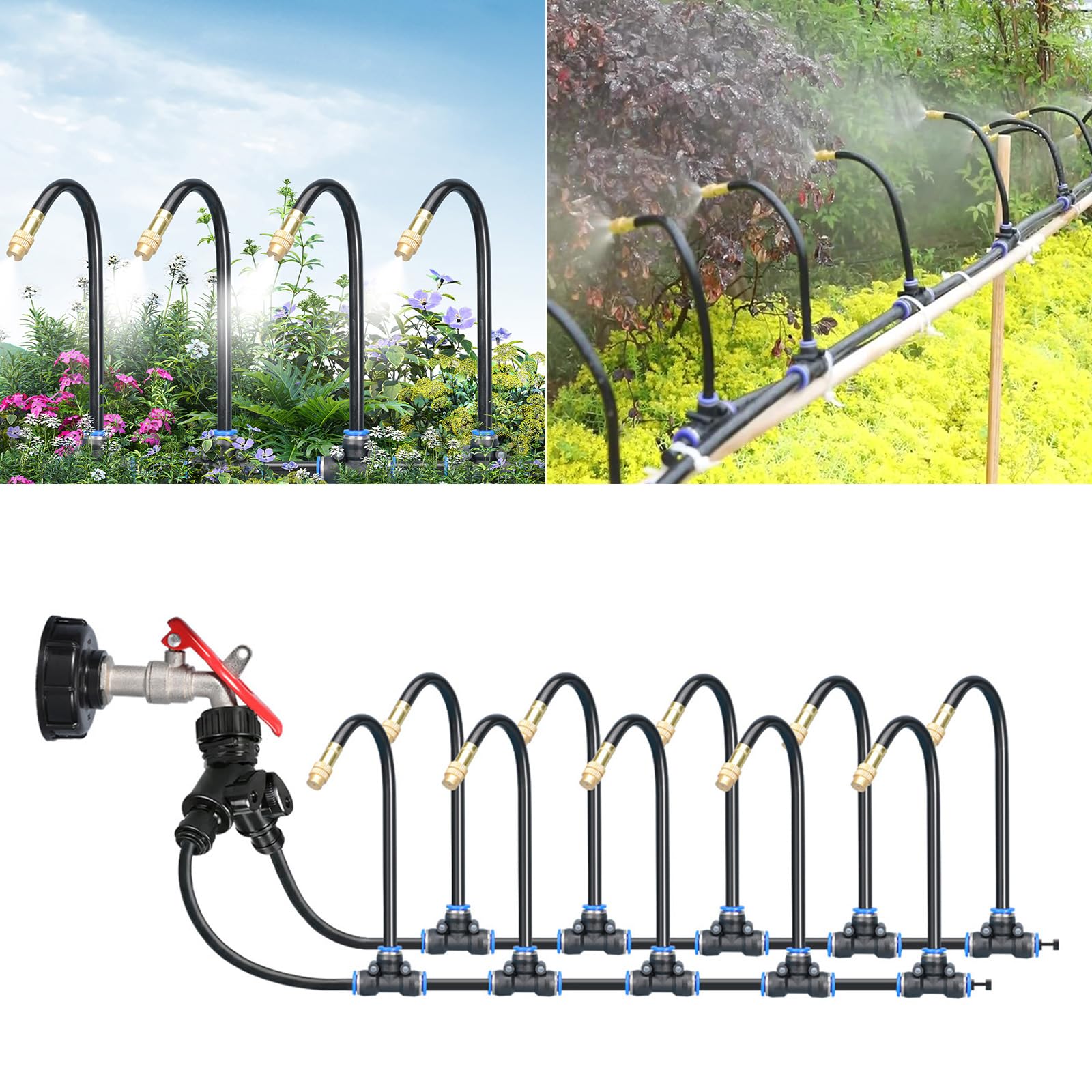 Conjunto de riego de plantas con divisor de grifo, tubos de salida de ramas y cobertura de cama de flores para el hogar, jardín, balcón, diseño de riego de plantas, línea de riego, cuidado de patio