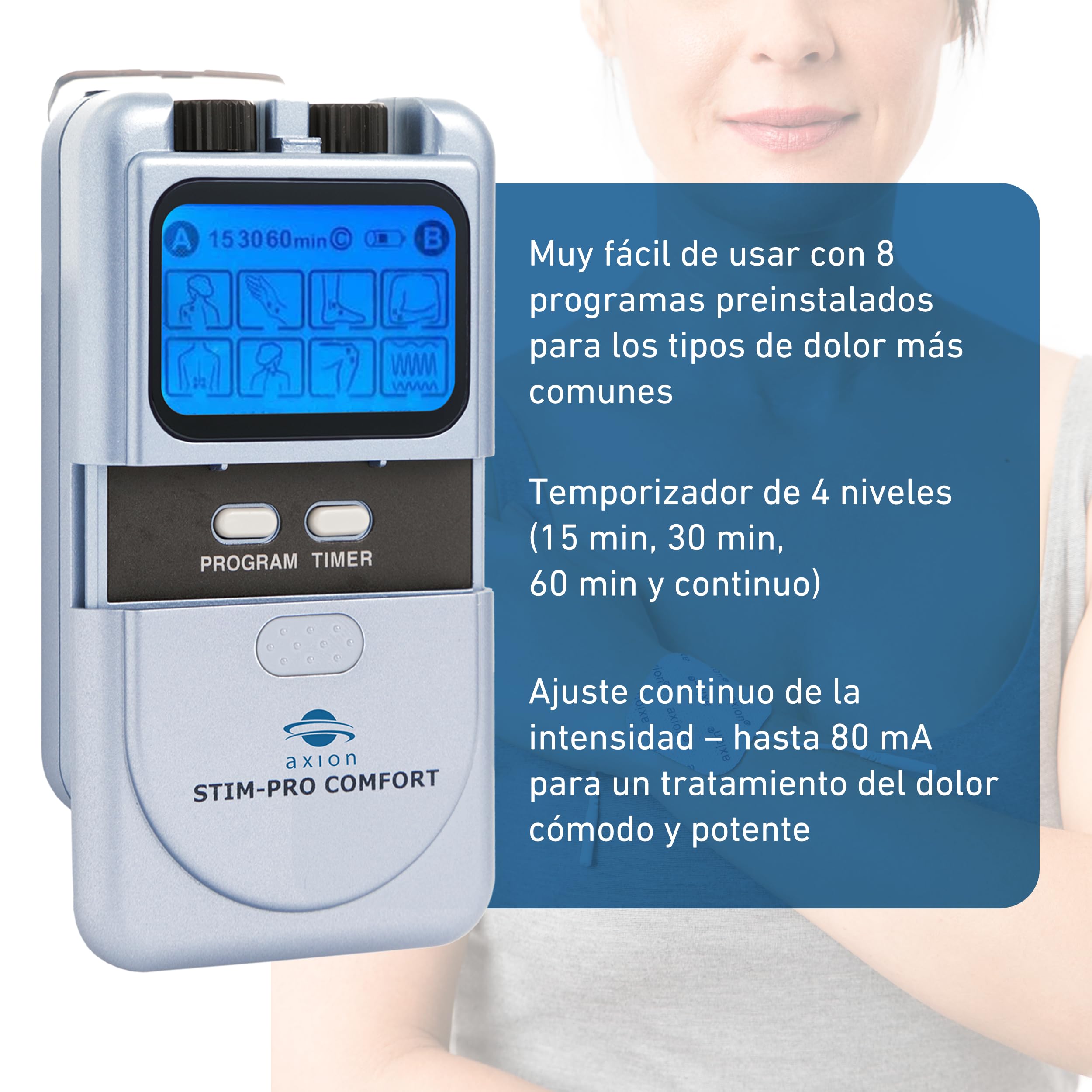 axion Electroestimulador Muscular TENS STIM-Pro Comfort | Aparato de Corrientes de electroestimuación para Tratar y aliviar el Dolor