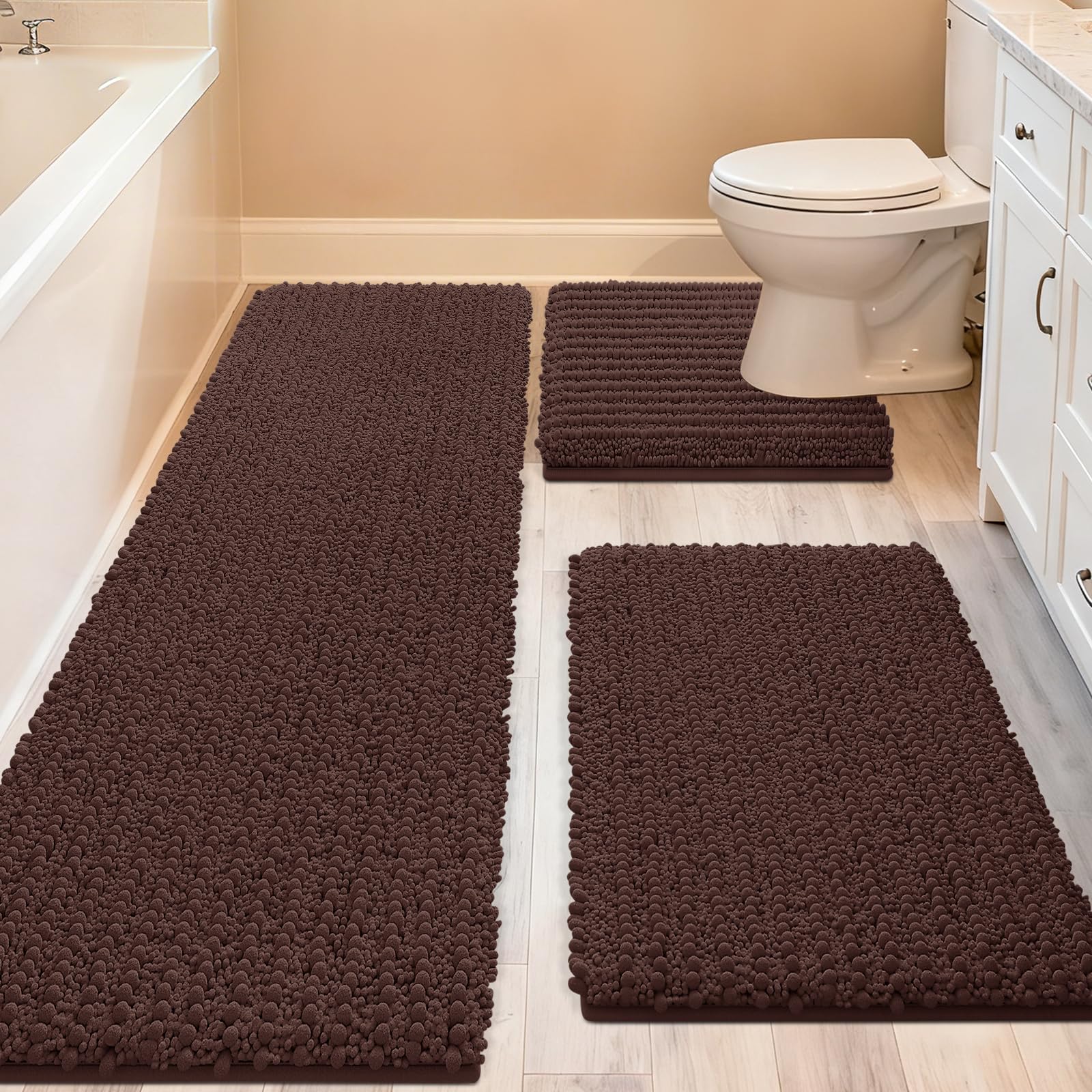 ACCUMTEK Upgrade Extra Large Brown Bathroom Rug Set 3 Pieces Ultra Soft, Thick Absorbent Bath Mats, Non Slip Chenille Toilet Mat for Bathroom, Bedroom