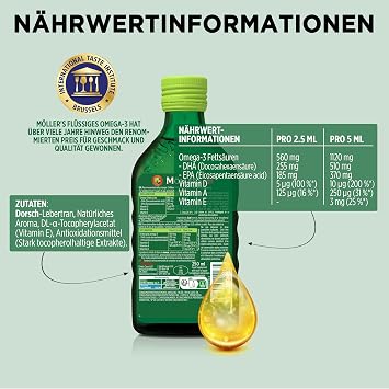 Möller's Omega 3 Cod Liver Oil Nordic Omega 3 6 and 9 Dietary Supplement with EPA DHA Vitamin A D and E Superior Taste Award High-purity Natural Apple 250 ml
