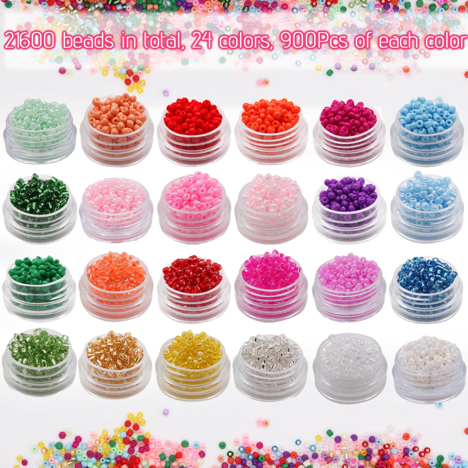 JOJOPLAY ?Glass Seed Beads 21916Pcs ?Tiny Beads for DIY Crafting & Jewelry Making Supplies with Pendants, Letter Beads, ?Waist Beads | 0.5mm Bracelet String | 24 Vibrant Colors (2mm, 900pcs/Color)