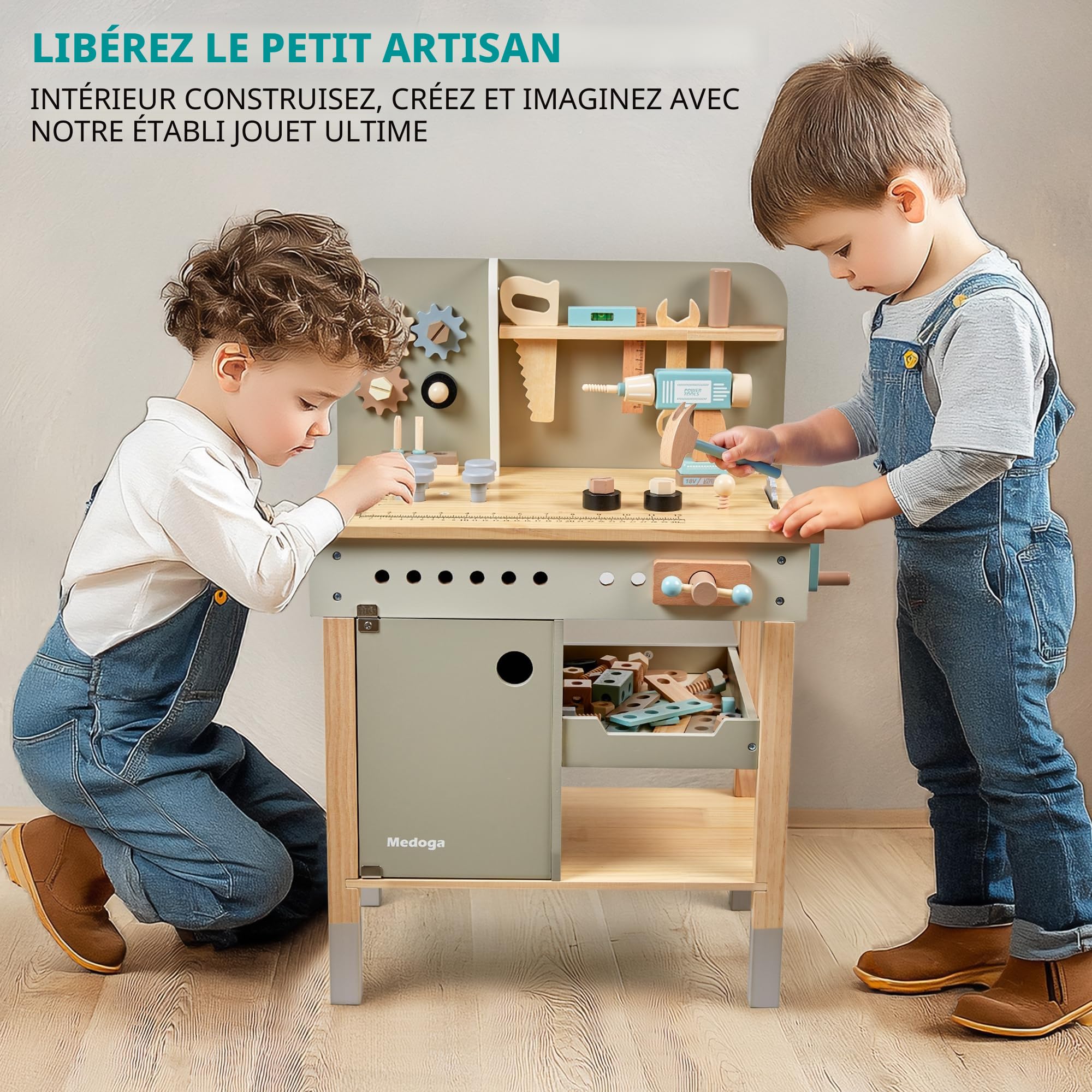 Banc à Outils pour Enfants en Bois avec Ceinture, Établi de Travail pour Tout-Petits, Ensemble de Construction, Jouet en Bois, Cadeau