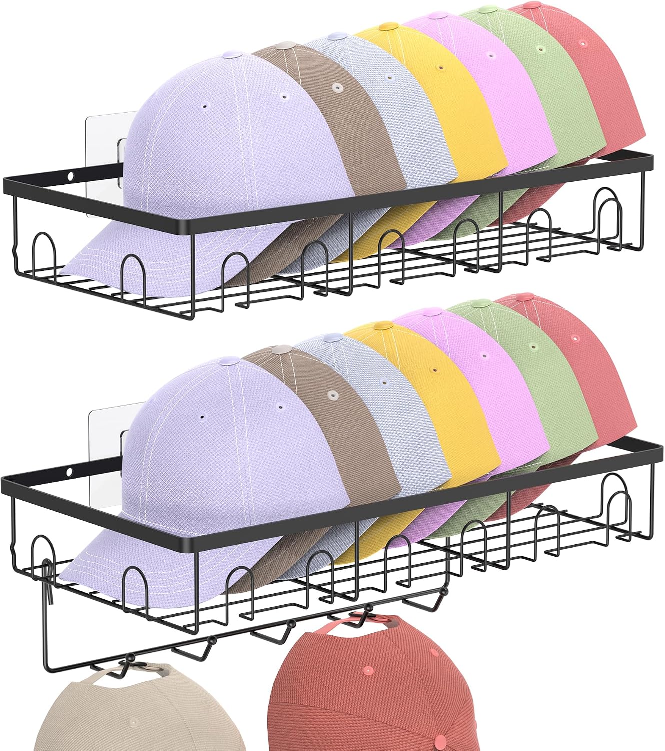 HuggieGems Metal Hat Organizer for Wall, Adhesive or Drill, Hat Rack Storage for Baseball Caps, 2 Ways of Installation, 2 Pack, Black