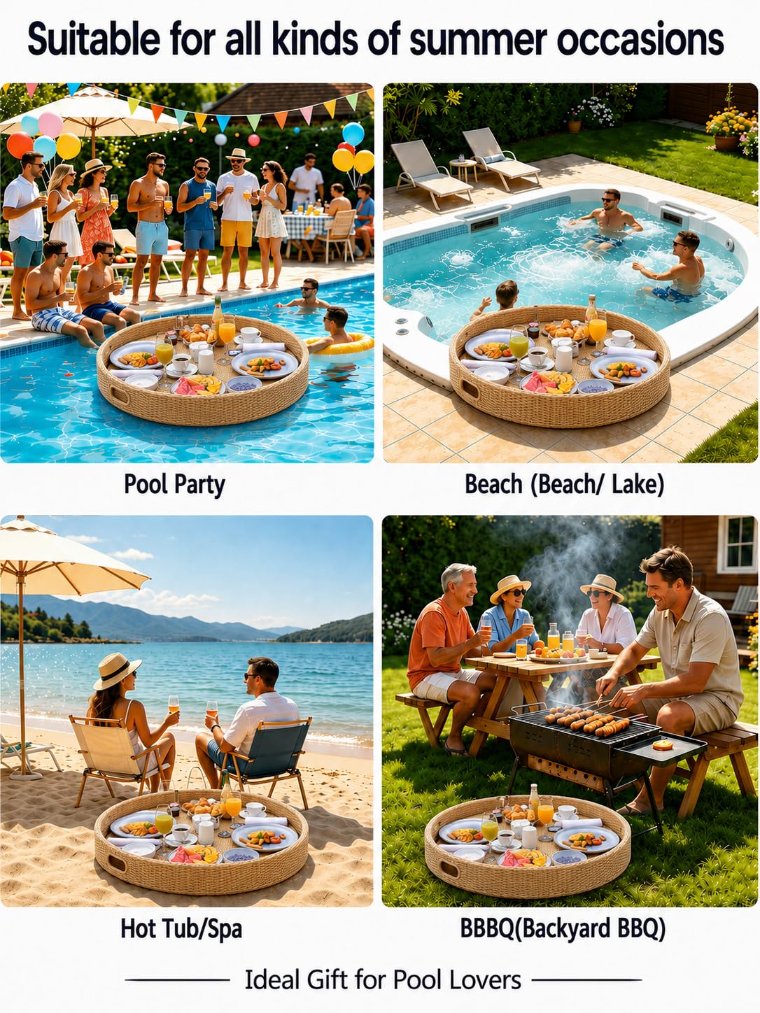 Vassoio Galleggiante in Rattan PE Intrecciato, 60 x 20 cm, 4 Colori RoundWhite | Telaio in Alluminio, Anima in Schiuma, Bordo Rialzato e Due Manici Resistono all’Acqua e si Puliscono Facilmente per la Spa.