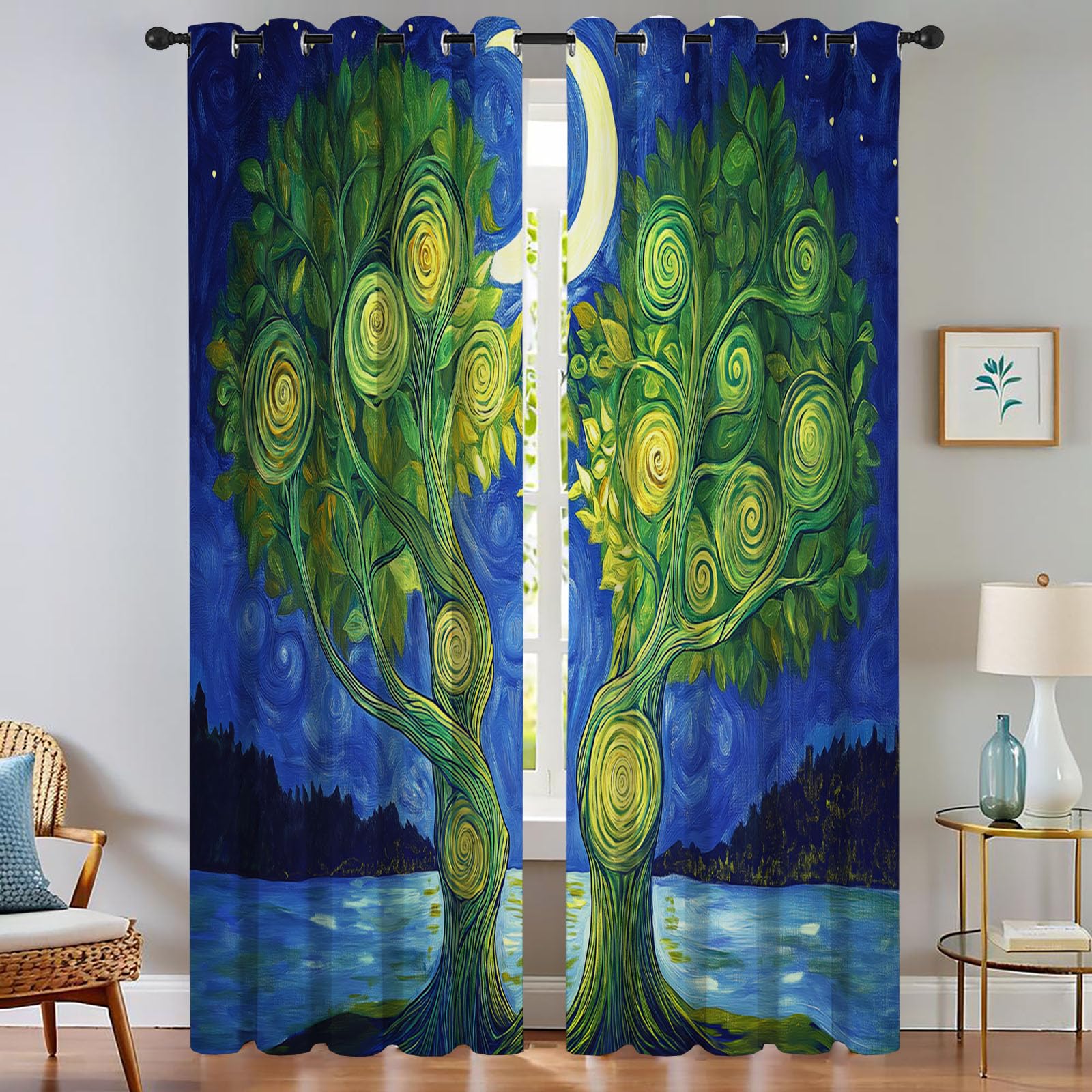 Rideau occultant arbres abstraits lune rideaux thermiques à oeillets moderne 132x158cm
