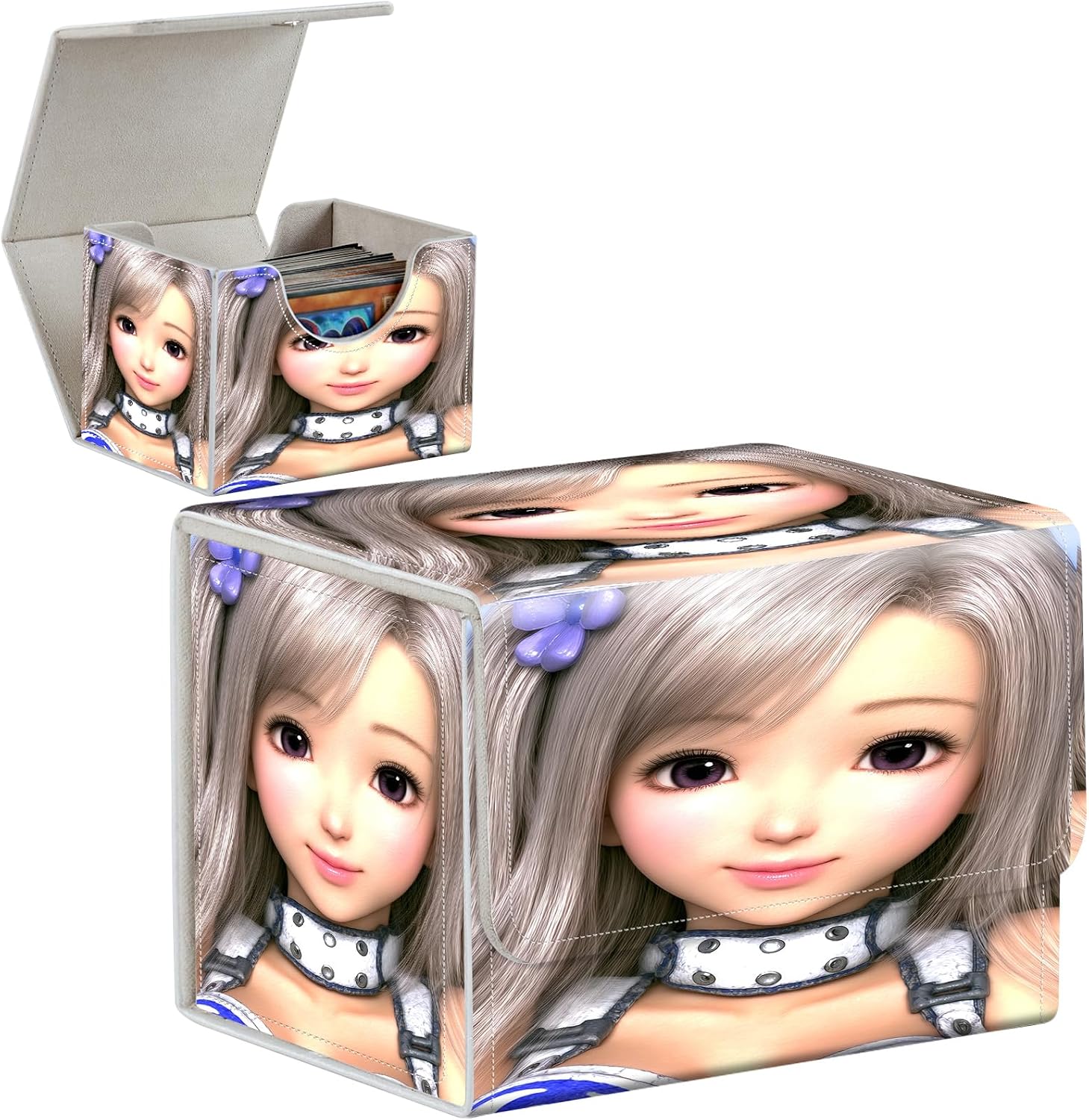 PU Leather Deck Box for MTG Commander Cards, Fits 100+ Double Sleeved Cards, Secure Magnetic Trading Card Storage Case for TCG CCG,Sweet 3D Anime Girl