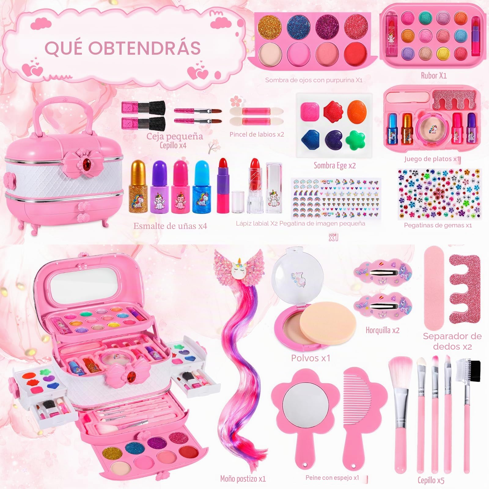 Kit de Maquillaje para Niño, 61 Piezas de Maquillaje Lavable para niñas, Kit Maquillaje niña, Caja Maquillaje niña, Regalo de cumpleaños y Navidad para niñas de 3 4 5 6 8 10 Años