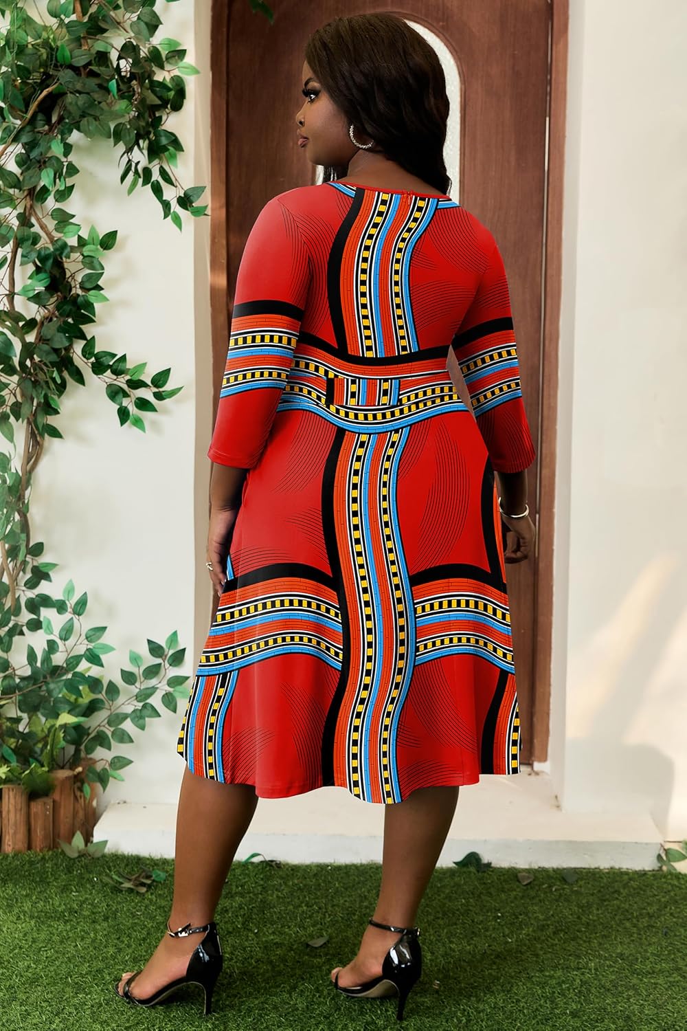 FANDEE Plus Size Midi Dress for Women - Printing Summer Dresses Casual 3/4 Sleeves Round Neck, Pockets and Belt(XL-5XL) - Image 3