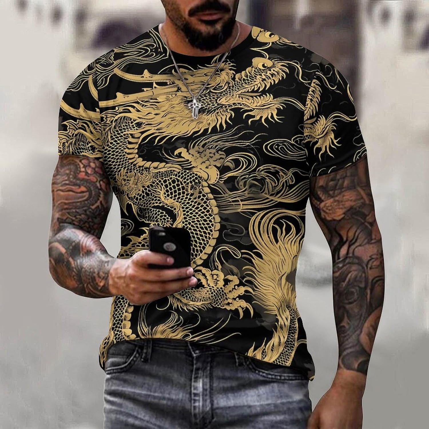 MARSVOVO Mens Cool Chinese Loong T-Shirt Tops 2024 Novelty Ink Painting Print Short Sleeve Crewneck Fashion Soft Outwear