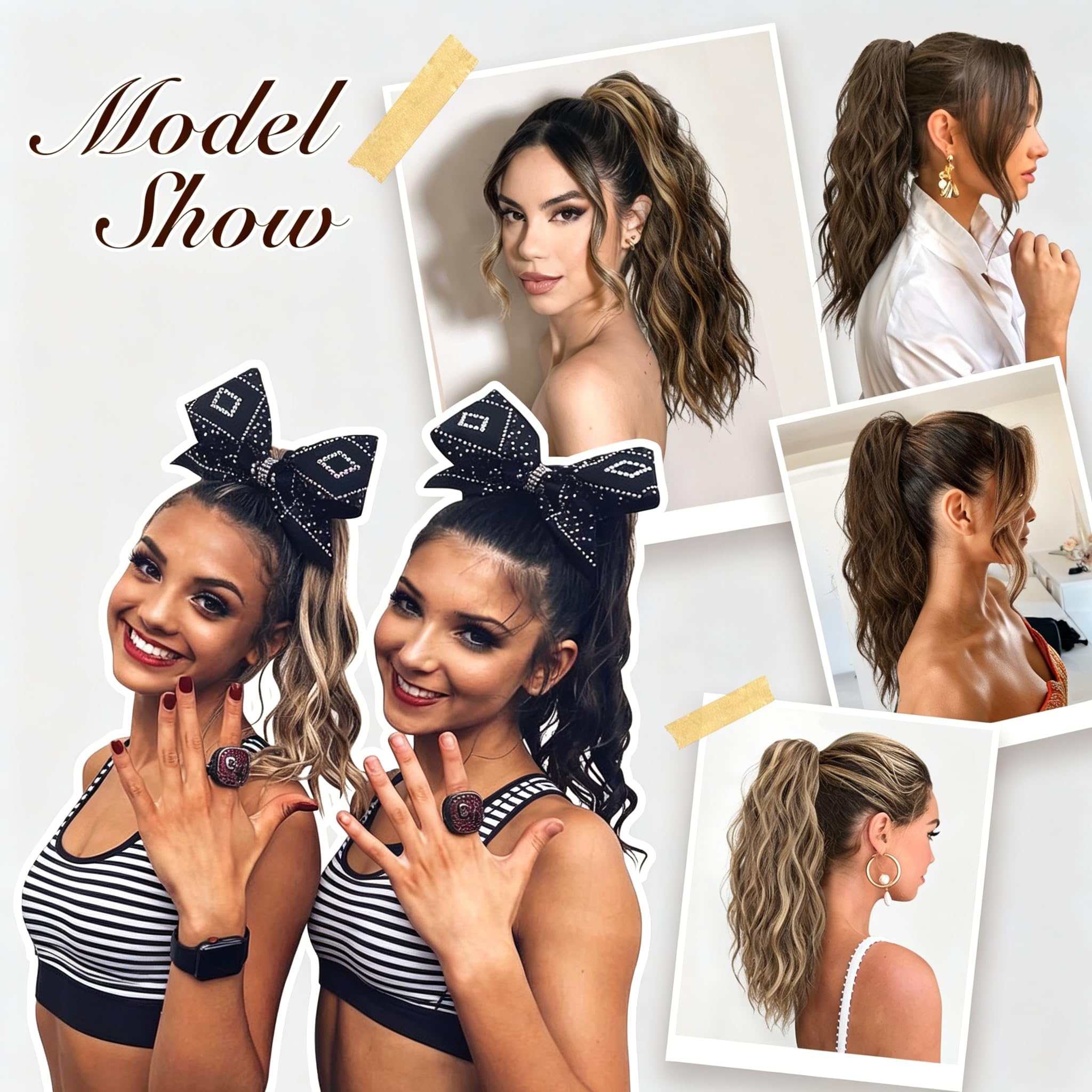 FESHFEN Coda Capelli Extension Ondulata, Lunga Coda di Cavallo Extension con Coulisse Ricci Posticci Sintetici Finta Capelli Biondo Dorato misto Castano Nero Ponytail Extensions Per Donna, 45 cm