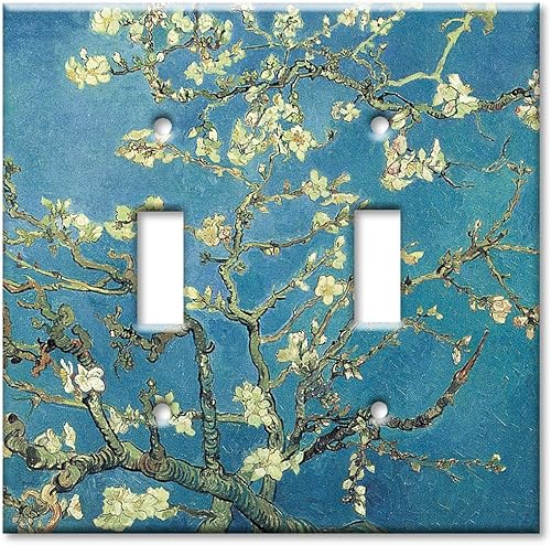 Art Plates - Van Gogh: Placa de interruptor de flores de almendro - Doble palanca Double Toggle,Tapa para enchufe,Combo: salida/balancín,Combo: