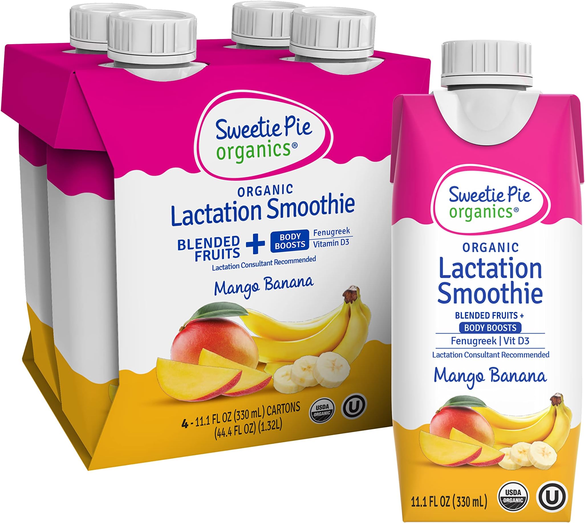 Sweetie Pie Organics Lactation Smoothie, Mango Banana, Support Breast Milk Production for Nursing and Pumping, No Artificial Sweeteners, Flavors, or Dyes - 4 Pack
