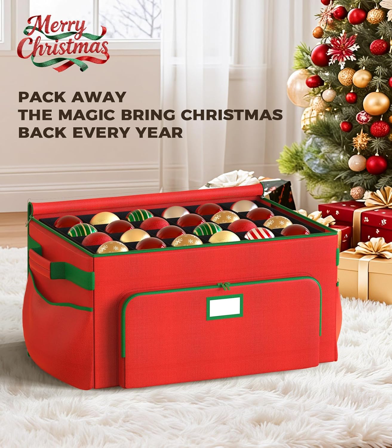 Ornament Storage Box, Large Christmas Ornament Storage Box, Stores 72 4'' Ornaments , Ornaments Storage Containers with 3 Trays, Durable and Portable, 600D Tear-Proof Material, Extra Pockets Red - Image 2